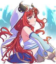  1girl absurdres bare_shoulders blue_eyes cuffs from_side genshin_impact hair_ornament headdress highres horns jewelry long_hair looking_at_viewer merosemi nilou_(genshin_impact) open_mouth red_hair simple_background skirt sleeve_cuffs solo spoilers  rating:General score:15 user:danbooru