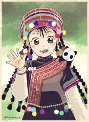  1girl animal animal_on_shoulder black_hair black_skirt border braid brown_eyes fullmetal_alchemist hand_up hat highres layered_sleeves long_sleeves looking_at_viewer may_chang multicolored_clothes multicolored_headwear multiple_braids panda pom_pom_(clothes) pumirasan ring_hair_ornament short_over_long_sleeves short_sleeves skirt skirt_set smile traditional_clothes twitter_username upper_body waving xiao-mei 