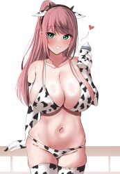  1girl absurdres against_fence animal_ears animal_print baby_bottle bikini blue_eyes bottle breasts brown_hair cleavage commentary_request cow_print cow_print_bikini cow_print_thighhighs elbow_gloves fake_animal_ears fence gloves heart highres holding holding_bottle kantai_collection large_breasts navel ponytail print_bikini print_thighhighs saratoga_(kancolle) simple_background smile solo swimsuit tf_cafe thighhighs white_background wooden_fence 