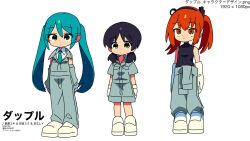  3girls a.i._voice adachi_rei alternate_costume arms_at_sides artist_name black_shirt blue_eyes blue_hair blue_necktie boots character_name closed_mouth collared_shirt detached_sleeves dot_mouth expressionless full_body gloves grey_background grey_jumpsuit hatsune_miku headlamp highres jumpsuit jumpsuit_around_waist kaai_yuki lineup long_hair long_sleeves looking_at_viewer low_twintails moai_(more_e_4km) multiple_girls necktie one_side_up orange_eyes orange_hair shirt short_jumpsuit short_sleeves short_twintails side_ponytail sidelocks simple_background sleeveless sleeveless_jumpsuit sleeveless_shirt song_name standing tachi-e translation_request turtleneck_shirt twintails utau vocaloid white_background white_footwear white_gloves white_shirt yellow_eyes 