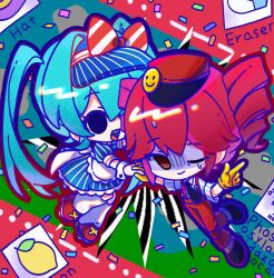 2girls apron black_necktie blue_dress blue_hair bow buttons chibi closed_mouth collared_shirt commentary confetti diagonal-striped_bow double-breasted dress drill_hair empty_eyes english_text gloves hat hatsune_miku kasane_teto long_hair mesmerizer_(vocaloid) multiple_girls necktie one_eye_closed open_mouth pants puffy_short_sleeves puffy_sleeves red_eyes red_hair red_hat red_pants roller_skates sharp_teeth shirt short_sleeves skates smile socks striped_clothes striped_dress striped_shirt su_dong_huo_ji suspenders symbol-only_commentary teeth tongue tongue_out turn_pale twin_drills twintails utau vertical-striped_clothes vertical-striped_dress vertical-striped_shirt visor_cap vocaloid waist_apron waitress white_apron white_shirt white_socks white_wrist_cuffs wrist_cuffs yellow_gloves 
