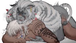 2boys :q abs anal animal_ears arm_tattoo bara beard blue_eyes blush braid chin_rest completely_nude dark-skinned_male dark_skin facial_hair final_fantasy final_fantasy_xiv furry furry_male furry_with_non-furry grabbing grey_fur groping head_on_head head_rest headband heart highres hrothgar hyur interspecies large_pectorals lion_boy lion_ears lion_tail long_hair lying lyon_rem_helsos male_focus male_penetrated mature_male messy_hair motion_lines multiple_boys muscular muscular_male mustache navel nipples nose_blush notesonlyonpii nude old old_man on_stomach pectoral_grab pectorals prone_bone sex sex_from_behind stomach tail tattoo tongue tongue_out torogao yaoi rating:Explicit score:9 user:danbooru