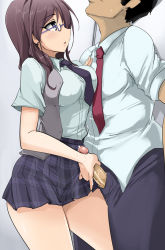  10s 1boy 1girl against_wall blue_eyes breast_press breasts brown_hair from_side glasses handjob head_out_of_frame hetero idolmaster idolmaster_cinderella_girls large_breasts long_hair looking_at_another momio necktie penis plaid plaid_skirt precum school_uniform skirt uncensored vest yagami_makino  rating:Explicit score:77 user:jojosstand