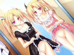  2girls blonde_hair blush clothes_lift dress dress_lift magus_tale multiple_girls nina_geminis nude_filter purple_eyes pussy rena_geminis ribbon siblings sisters tenmaso third-party_edit twins twintails uncensored  rating:Explicit score:51 user:Pingpong32