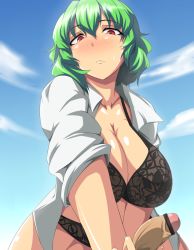 1girl bad_id bad_pixiv_id bar_censor black_bra blue_sky blush bra breasts censored cleavage cloud day garter_belt green_hair handjob huge_breasts kazami_yuuka ky. lace lace-trimmed_bra lace_trim lingerie open_clothes open_shirt penis pov red_eyes shirt sky sleeves_pushed_up solo_focus touhou underwear rating:Explicit score:100 user:danbooru