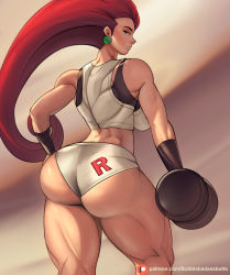 1girl artist_name ass back bare_shoulders blue_eyes breasts bubblebadassbutts creatures_(company) earrings from_behind game_freak hand_on_hip highres huge_ass jessie_(pokemon) jewelry large_breasts long_hair looking_at_viewer looking_back muscular muscular_female nintendo pink_hair pokemon pokemon_(anime) pokemon_(classic_anime) short_shorts shorts sideboob solo thick_thighs thighs very_long_hair