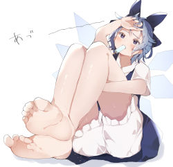  1girl barefoot bloomers blue_eyes blue_hair cirno dress feet feet_together female_focus food full_body higa_(gominami) popsicle simple_background sitting solo sweat touhou underwear white_background white_bloomers wings  rating:Questionable score:14 user:HypnoFyre