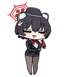  1girl animal_ear_fluff animal_ears black_hair black_hat black_pantyhose black_skirt blue_archive blush bow bowtie breasts chan_co chibi closed_eyes collared_shirt extra_ears formal full_body gloves hair_between_eyes halo hat large_breasts long_sleeves official_alternate_costume open_mouth pantyhose pencil_skirt red_bow red_bowtie red_halo shirt short_hair simple_background skirt smile solo suit tsubaki_(blue_archive) tsubaki_(guide)_(blue_archive) white_background white_gloves white_shirt 