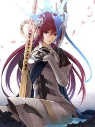  1girl armor cape commentary_request corrin_(female)_(fire_emblem) corrin_(fire_emblem) fire_emblem fire_emblem_fates flower gloves hair_between_eyes hair_ornament long_hair nintendo petals pointy_ears red_eyes red_hair revision rose solo sword tenyo0819 weapon white_flower white_rose  rating:Sensitive score:8 user:danbooru
