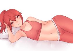 1girl anna_(fire_emblem) bare_shoulders bluefield breasts fire_emblem hair_between_eyes hand_on_own_head highres looking_at_viewer lying medium_breasts midriff navel nintendo on_side pajamas pillow ponytail reclining red_eyes red_hair sidelocks simple_background solo tank_top white_background wide_hips rating:Sensitive score:97 user:danbooru