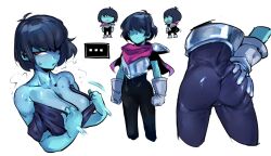 ... 1girl armor ass ass_grab black_bodysuit black_hair blue_skin bodysuit breasts clenched_hands closed_mouth colored_skin commentary deltarune doppel_(bonnypir) female_kris_(deltarune) genderswap genderswap_(otf) gloves grabbing_own_ass hair_over_one_eye kris_(deltarune) large_breasts looking_at_viewer multiple_views no_eyes non-web_source parted_lips red_eyes scarf simple_background sweat third-party_edit white_background white_gloves rating:Questionable score:75 user:danbooru