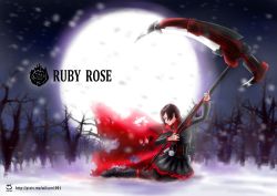  1girl character_name forest highres moon nature night ruby_rose rwby scythe snow solo tree  rating:Sensitive score:5 user:jojosstand