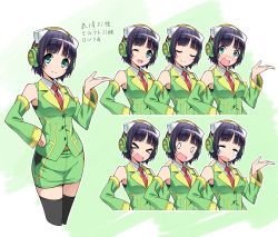  &gt;_&lt; 1girl ;) bare_shoulders black_hair black_thighhighs blush breasts character_sheet closed_eyes detached_sleeves expressions female_focus gradient_background green_eyes green_skirt hand_on_own_hip highres kyomachi_seika looking_at_viewer miniskirt multiple_views one_eye_closed open_mouth short_hair skirt smile standing tachi-e tasikanamanzok tears thighhighs variations voiceroid white_background  rating:Sensitive score:3 user:danbooru