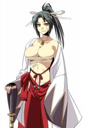  1girl bandages black_hair breasts collarbone female_focus hair_ribbon ichimedoo japanese_clothes jewelry katana kimono large_breasts light_smile long_hair looking_at_viewer midriff necklace nipple_slip nipples off_shoulder open_clothes open_shirt original ponytail ribbon sarashi scar shirt simple_background smile solo standing sword weapon white_background yellow_eyes  rating:Questionable score:13 user:Y2kDragon