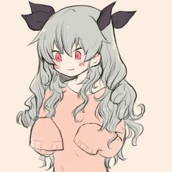  1girl :3 aimai_(luckyfive) alternate_hairstyle anchovy_(girls_und_panzer) bad_id bad_pixiv_id beige_background black_ribbon blush closed_mouth commentary drill_hair girls_und_panzer green_hair hair_down hair_ribbon long_hair looking_to_the_side oversized_clothes pink_sweater ribbon simple_background sleeves_past_fingers sleeves_past_wrists smile solo standing sweater  rating:Sensitive score:5 user:danbooru