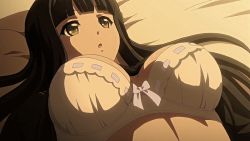 1girl animated animated_gif bed_sheet black_hair blunt_bangs bouncing_breasts bra breasts brown_eyes byakuya_rinne chestnut_mouth clockup euphoria_(clockup) expressionless large_breasts long_hair lying male_hand nipples on_back underwear undressing rating:Explicit score:245 user:nobn