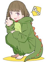  1girl :d barefoot blunt_bangs blush braid brown_hair center-flap_bangs claw_pose colored_shadow dinosaur_costume enpera full_body gao hand_on_own_knee highres hood hood_down kachimachi_kosuzu link!_like!_love_live! liz_(piyoko_piyop) long_hair looking_at_viewer love_live! open_mouth pink_eyes scarf shadow side_braids simple_background slav_squatting smile solo speech_bubble squatting v-shaped_eyebrows virtual_youtuber white_background 