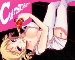  1girl atlus blonde_hair blue_eyes bra breasts catherine catherine_(game) cleavage dress drill_hair female_focus food lingerie long_hair looking_at_viewer lowres lying pink_bra pizza solo thighhighs twin_drills twintails underwear white_dress white_thighhighs yuri_(purinpurinlove) 