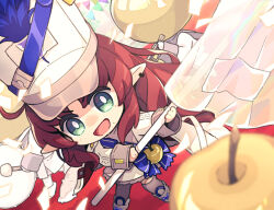  1girl 2others :d apple arknights boots brown_hair chibi flag food fruit golden_apple green_eyes grey_thighhighs hat highres holding holding_flag jacket long_hair multiple_others myrtle_(arknights) myrtle_(light_gold_celebration)_(arknights) open_mouth parted_bangs pointy_ears saipaco shako_cap skirt smile solo_focus thighhighs thighhighs_under_boots very_long_hair white_flag white_footwear white_hat white_jacket white_skirt 