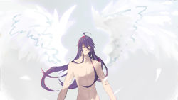  1boy closed_eyes feathers highres kamui_gakupo long_hair male_focus nude purple_hair solo standing vocaloid wings  rating:Sensitive score:6 user:WorldArts