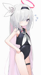  1girl absurdres alternate_costume black_eyes black_hairband black_shirt blue_archive closed_mouth colored_inner_hair flat_chest grey_hair hair_over_one_eye hairband halo highres long_hair looking_at_viewer measho multicolored_hair neckerchief pink_hair plana_(blue_archive) red_eyes red_halo shirt sleeveless sleeveless_shirt solo thigh_strap thighs very_long_hair white_neckerchief 