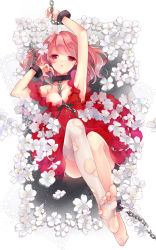 10s 1girl armpits arms_up bad_id bad_pixiv_id barefoot bdsm between_breasts bondage bound breasts cleavage collar cuffs dress feet flower garter_straps handcuffs highres inu_x_boku_ss long_hair lying on_back pink_eyes pink_hair red_dress red_skirt ribbon roromiya_karuta single_thighhigh skirt slave solo thighhighs toes torn_clothes torn_thighhighs tukino_(panna) white_thighhighs rating:Questionable score:39 user:danbooru