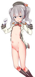  absurdres aged_down alternate_breast_size beret blush breasts cleft_of_venus feet_out_of_frame frilled_sleeves frills gloves grey_eyes grey_hair hat highres kantai_collection kashima_(kancolle) loli medium_hair navel nipples open_clothes open_shirt partially_undressed pussy small_breasts smile testa white_gloves  rating:Explicit score:41 user:danbooru