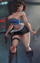 1girl areola_slip bare_shoulders blue_eyes boots breasts brown_hair bursting_breasts cleavage curvy cutesexyrobutts female_focus gun highres jill_valentine knife large_breasts looking_away patreon resident_evil resident_evil_3:_nemesis short_hair solo standing thick_thighs thighs weapon wide_hips rating:Questionable score:91 user:jayage5ds