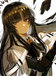  1girl arknights black_hair blue_eyes blunt_bangs broken_halo closed_mouth commentary_request halo highres jacket long_hair looking_at_viewer simple_background sirosika smile solo twitter_username upper_body very_long_hair virtuosa_(arknights) watermark white_background white_jacket 