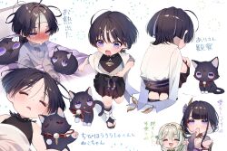  1boy 2girls aged_down animal bed black_cat black_hair blush breasts cat child cleavage closed_eyes crying genshin_impact hair_ornament highres japanese_clothes ma_d_k_89 male_focus messy_hair mole mole_under_eye multiple_girls multiple_views nahida_(genshin_impact) nose_blush open_mouth purple_eyes raiden_shogun scaramouche_(cat)_(genshin_impact) scaramouche_(genshin_impact) sick signature simple_background sitting sleeping sleeveless solo_focus tears translation_request under_covers white_background 