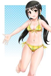  1girl bare_shoulders bikini black_hair blue_background blush border breasts brown_eyes cleavage collarbone dot_nose flick_(sal23) front-tie_bikini_top front-tie_top gradient_background hair_tie halftone halftone_background highres idolmaster idolmaster_cinderella_girls idolmaster_cinderella_girls_starlight_stage long_hair looking_at_viewer low_twintails medium_breasts nakano_yuka navel open_hand open_mouth outside_border outstretched_arms side-tie_bikini_bottom smile solo standing standing_on_one_leg swimsuit toes twintails white_border yellow_bikini 