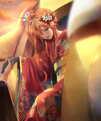 1girl :d alternate_costume black_gloves blurry cloud earrings floral_print flower gloves hair_between_eyes hair_flower hair_ornament highres holding_hands japanese_clothes jewelry kikumon kimono leilan_(p&amp;d) leiran_(p&amp;d) long_hair new_year obi one_eye_closed one_side_up open_mouth orange_hair out_of_frame pink_lips print_kimono puzzle_&amp;_dragons sash shoichi_(ekakijin) sky smile solo_focus vehicle
