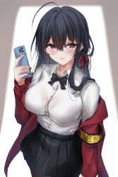  1girl ahoge armband azur_lane black_hair black_skirt blush breasts cellphone collared_shirt dress_shirt glasses highres jacket large_breasts long_hair long_sleeves looking_at_viewer open_clothes open_jacket phone pleated_skirt red_eyes red_jacket see-through see-through_shirt seedkeng shirt skirt smile solo taihou_(azur_lane) taihou_(sweet_time_after_school)_(azur_lane) tongue tongue_out white_shirt yellow_armband 