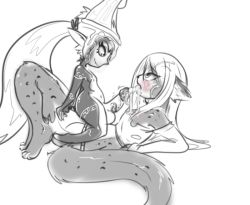  2girls animal_ears cum cum_in_mouth eyes_visible_through_hair fellatio futanari midna monochrome monster_girl multiple_girls nintendo open_mouth oral penis tagme tail the_legend_of_zelda  rating:Explicit score:18 user:Pwnester