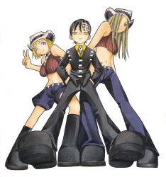  1boy 2girls black_hair blonde_hair blue_eyes breasts death_the_kid elizabeth_thompson formal hair_over_one_eye hat highres long_hair looking_down multiple_girls official_art ohkubo_atsushi patricia_thompson short_hair simple_background soul_eater suit white_background yellow_eyes 