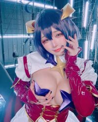  breasts cleavage corset cosplay hair_ornament highres hiiragi_utena hiiragi_utena_(cosplay) holding_own_breast large_breasts short_hair tagme takanashihanari yellow_eyes  rating:Questionable score:7 user:mipaloote
