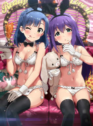  2girls :o ;q absurdres ahoge animal_ears animal_print aqua_eyes bird black_bow black_hairband black_legwear black_neckwear blue_hair bow bow_panties bowtie bra braid breasts cleavage closed_mouth couch cream cream_on_face crown_braid cup detached_collar drinking_glass fake_animal_ears flamingo food food_on_face frilled_bra frilled_panties frills front-hook_bra gloves hairband hand_on_lap hand_up head_tilt heart heart_print highres holding holding_cup holding_tray idolmaster idolmaster_million_live! lens_flare light_particles long_hair looking_at_viewer medium_breasts mochizuki_anna multiple_girls nanao_yuriko on_couch one_eye_closed panties parted_lips pillow pom_pom_(clothes) purple_eyes rabbit_ears ribbon short_hair side-tie_panties sitting small_breasts sonsoso stuffed_animal stuffed_rabbit stuffed_toy tareme thighhighs thumb_to_mouth tongue tongue_out tray underwear underwear_only white_bra white_gloves white_panties white_ribbon wrist_cuffs yellow_eyes  rating:Sensitive score:30 user:danbooru