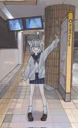  1girl :d animal_ears arm_up black_sailor_collar black_skirt blue_eyes brown_footwear cardigan dog_ears dog_girl dog_tail full_body grey_cardigan grey_hair hair_between_eyes hair_intakes highres indoors loafers long_bangs long_sleeves looking_at_viewer loose_socks map miniskirt monitor neckerchief open_cardigan open_clothes open_mouth original outstretched_arm pillar pleated_skirt red_neckerchief sailor_collar school_uniform serafuku shirt shoes short_hair skirt sleeves_past_wrists smile socks solo tactile_paving tail tile_floor tiles train_station_platform uo_yuo white_shirt white_socks 