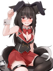  1girl absurdres ahoge animal_ear_fluff animal_ears black_hair black_thighhighs blush bow bowtie braid breasts bunny_garden cleavage commentary_request detached_collar earrings fake_animal_ears fox_ears fox_girl fox_tail glass hair_between_eyes highres hololive jewelry kurokami_fubuki long_hair looking_at_viewer medium_breasts micon on_table rabbit_ears red_bow red_bowtie red_eyes red_skirt sidelocks simple_background single_braid single_thighhigh skirt sleeves_past_wrists solo table tail thigh_strap thighhighs virtual_youtuber waistcoat white_background wrist_cuffs 