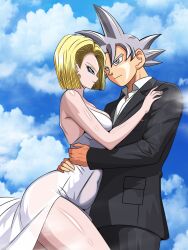  1boy 1girl android_18 blonde_hair breasts dragon_ball dragonball_z highres large_breasts son_goku yxyyxy 