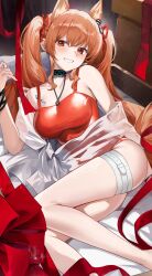 1girl absurdres angelina_(arknights) angelina_(summer_flower)_(arknights) animal_ear_fluff animal_ears arknights bed_sheet blush breasts brown_hair casual_one-piece_swimsuit extra_ears fox_ears fox_girl fox_tail grin hair_between_eyes hair_ribbon highres infection_monitor_(arknights) jewelry large_breasts long_hair looking_at_viewer lying necklace official_alternate_costume on_bed on_side one-piece_swimsuit ori_(0rizuru) red_eyes red_one-piece_swimsuit red_ribbon ribbon sidelocks smile solo swimsuit swimsuit_cover-up tail thigh_strap twintails 