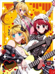  3girls 4b-enpitsu :3 ahoge aqua_eyes arima_kana b-komachi_(new) bead_necklace beads beret black_gloves black_jacket blonde_hair blush bow breasts cleavage demon_horns earrings elbow_gloves electric_guitar fake_horns fender_telecaster fingerless_gloves fingernails gloves guitar hair_bow hat heart highres holding holding_guitar holding_instrument horns hoshino_ruby instrument jacket jacket_partially_removed jewelry looking_at_viewer loose_necktie medium_breasts mem-cho multicolored_hair multiple_girls necklace necktie oshi_no_ko pink_necktie plaid plaid_jacket pom_pom_(clothes) pom_pom_earrings ponytail red_eyes red_hair ring roots_(hair) short_hair sidelocks smile sparkle white_headwear 