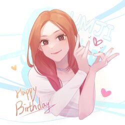 1girl animification character_name chu_0618 colored_shadow commentary cropped_torso english_commentary gfriend happy_birthday heart heart_hands highres jewelry k-pop long_hair looking_at_viewer necklace orange_hair pearl_necklace real_life shadow shirt smile solo umji_(gfriend) white_shirt 