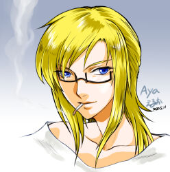  1girl aya_brea blonde_hair blue_eyes character_name cigarette closed_mouth collarbone dated glasses looking_at_viewer parasite_eve simple_background smile smoking solo white_background 