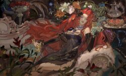  1girl black_dress black_shawl cabernet_(path_to_nowhere) cane couch dalujiadebianyuan detached_sleeves dress flower flower_ornament food fruit grapes highres holding holding_cane jewelry long_hair path_to_nowhere pomegranate purple_eyes reclining red_hair shawl 