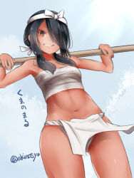  1girl akino_shuu breasts brown_eyes carrying_over_shoulder chest_sarashi commentary_request ecchuu_fundoshi from_below grin hair_over_one_eye hairband holding holding_stick kantai_collection kumano_maru_(kancolle) loincloth looking_at_viewer navel official_alternate_costume sarashi sky small_breasts smile solo stick twitter_username white_hairband 