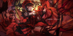  10s 1girl aiming aiming_at_viewer black_hair black_thighhighs breasts choker cleavage date_a_live dress finger_on_trigger garter_belt garter_straps gun hairband heterochromia highres lolita_hairband long_hair looking_at_viewer multiple_persona open_mouth panties red_eyes solo swd3e2 thighhighs tokisaki_kurumi underwear weapon yellow_eyes  rating:Sensitive score:21 user:danbooru