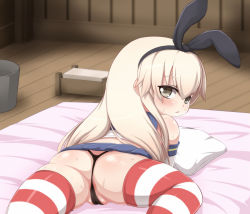  10s 1girl ass black_hairband black_panties blonde_hair blush bucket cleft_of_venus female_focus floor grey_eyes hair_between_eyes hairband highres indoors kantai_collection loli long_hair looking_at_viewer looking_back lying monugaeru on_stomach panties partially_visible_anus partially_visible_vulva pillow pleated_skirt shimakaze_(kancolle) shiny_skin skirt solo striped_clothes striped_thighhighs sweat thighhighs thong triangle_mouth underwear wooden_floor 