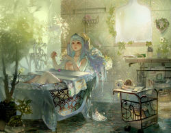1girl aqua_hair bath bathing bathtub blue_hair book breasts bubble bubble_bath claw_foot_bathtub cleavage crab_d gradient_hair headphones indoors league_of_legends light_particles long_hair md5_mismatch medium_breasts multicolored_hair nail_polish nude parted_lips plant potted_plant soap_bubbles solo sona_(league_of_legends) sunlight towel twintails window rating:Questionable score:30 user:danbooru