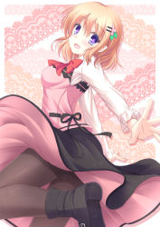  1girl black_skirt blonde_hair blush boots bow bowtie commentary_request gochuumon_wa_usagi_desu_ka? hair_between_eyes hair_ornament hairclip highres hoto_cocoa leg_up long_skirt long_sleeves looking_at_viewer looking_to_the_side medium_hair open_mouth outstretched_arms pantyhose pink_shirt pink_skirt purple_eyes red_bow red_bowtie shimotsuki_keisuke shirt skirt solo two-tone_skirt white_shirt 